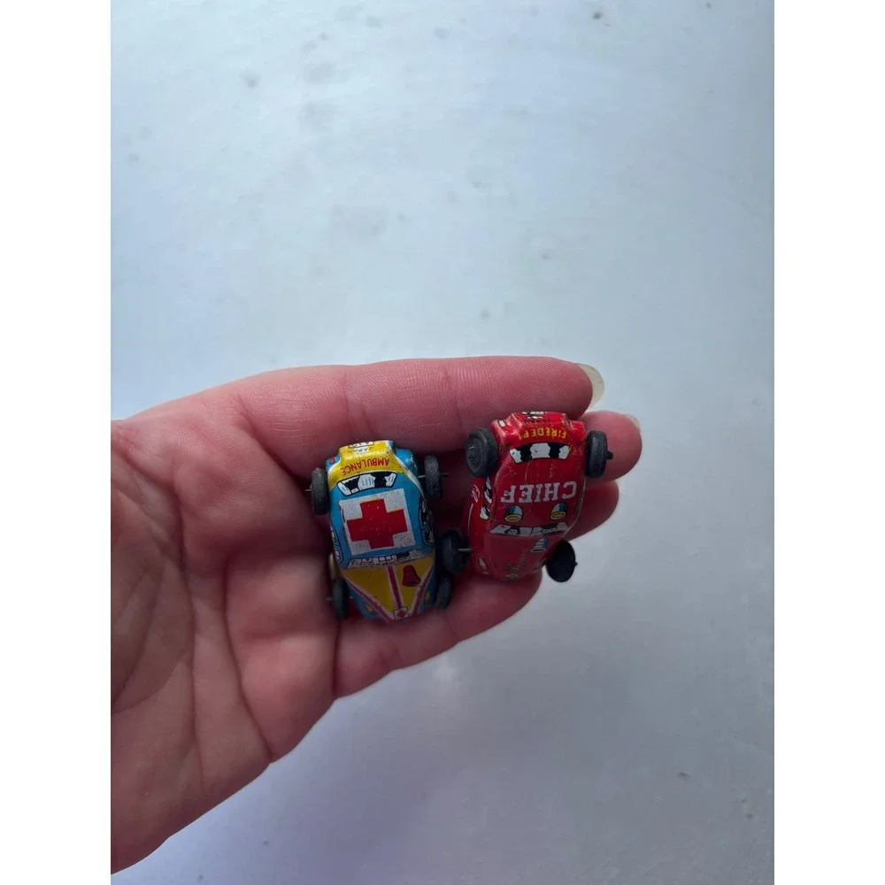Vintage Tin Litho Toy Cars Set Fire Chief Ambulance Miniature Emergency Vehicles